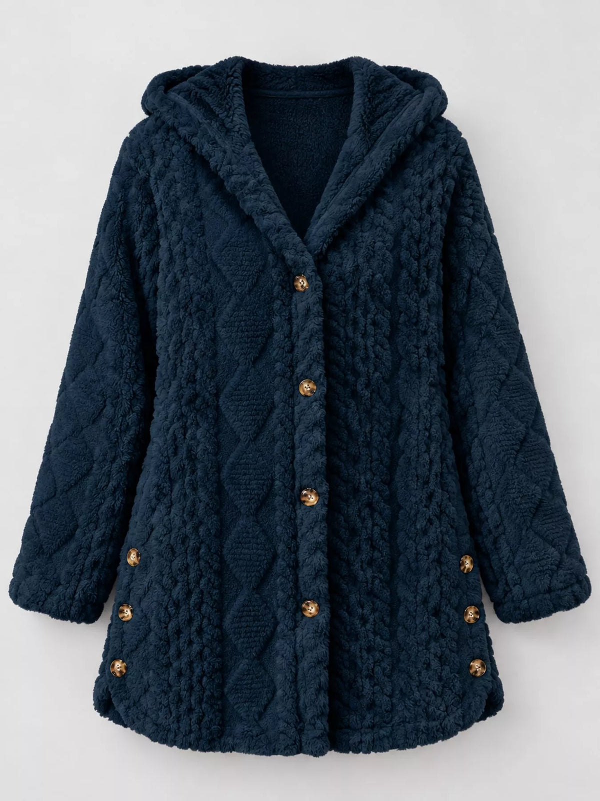 Navy cable knit faux fur hooded jacket