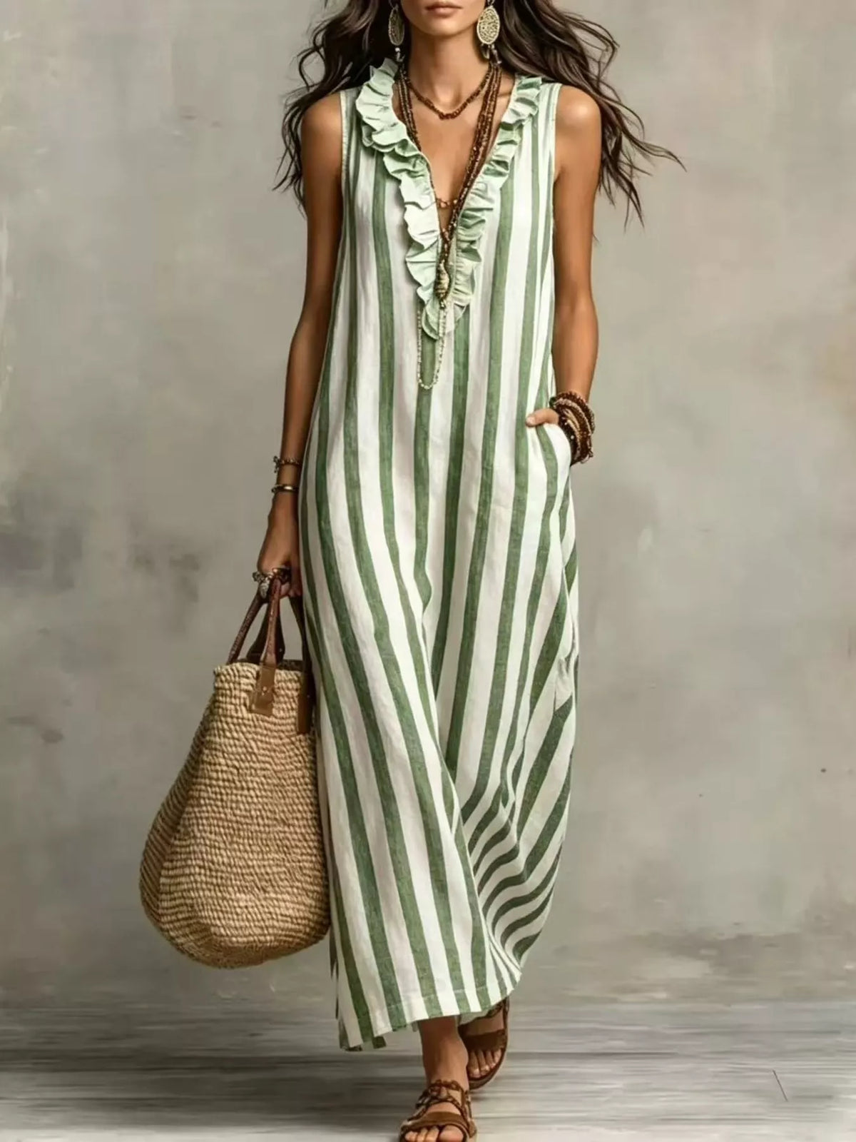Green and white striped sleeveless maxi dress, front view