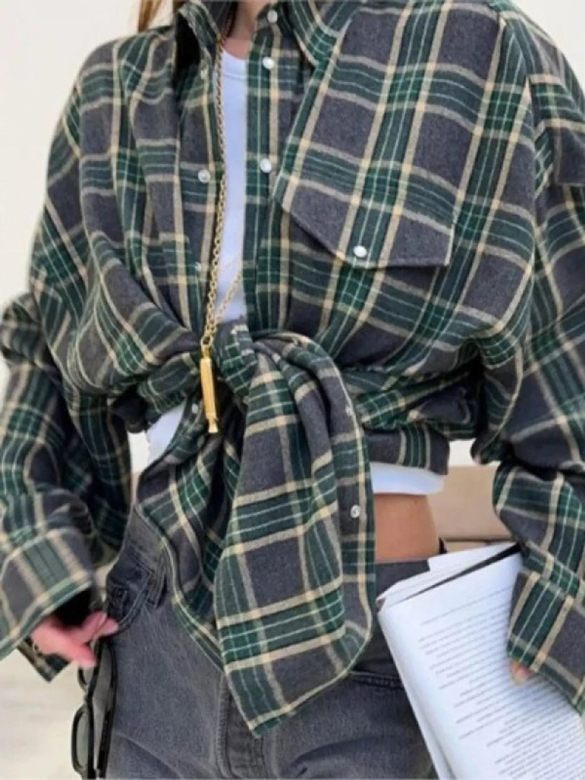 Green plaid button-up shirt with chest pockets