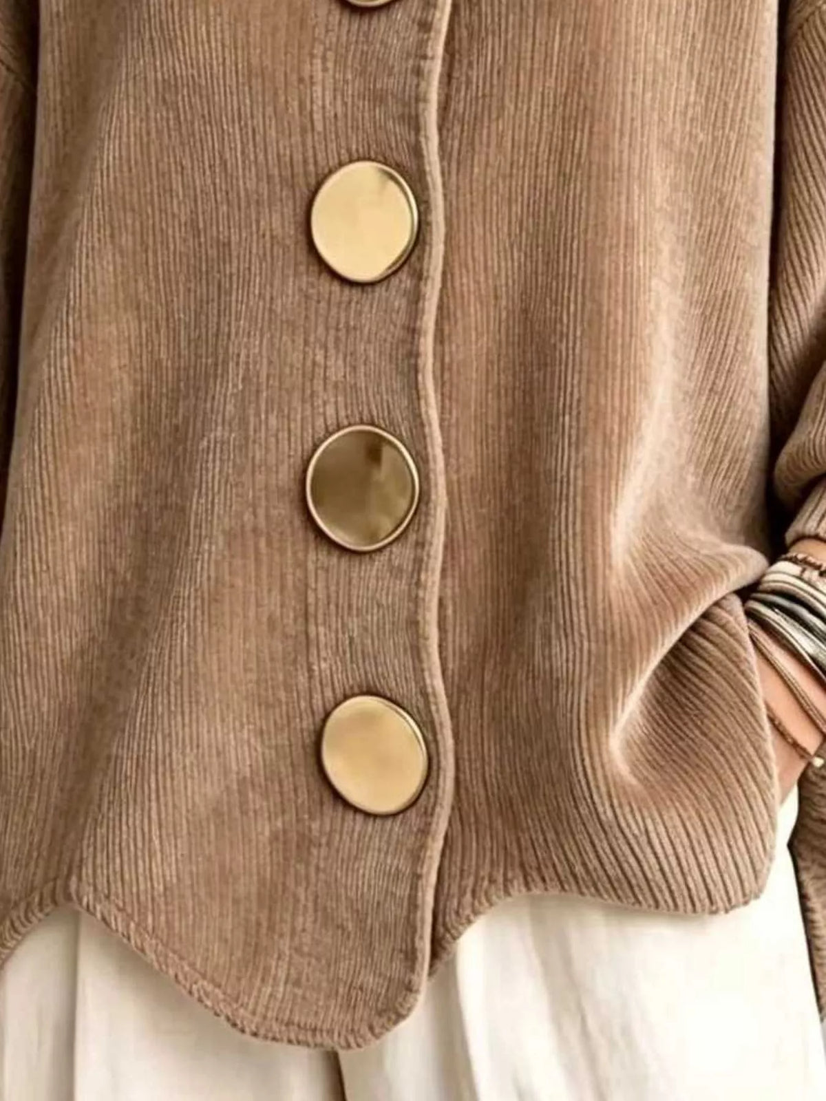 Women's Ribbed Knit Gold Buttons Cardigan in beige — button detail view