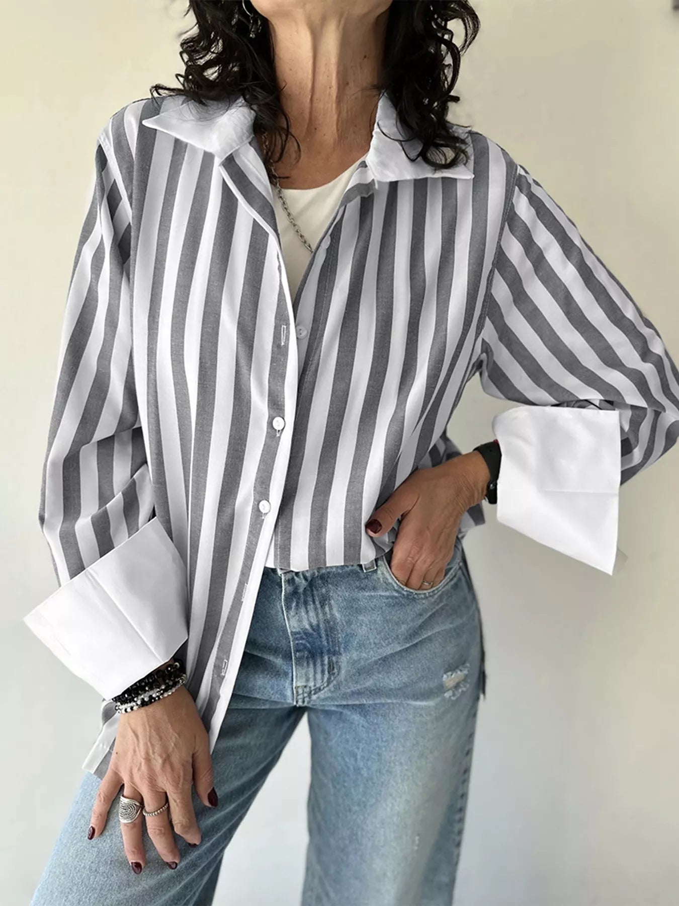 Trendsi Striped Button-Up Long Sleeve Shirt -
