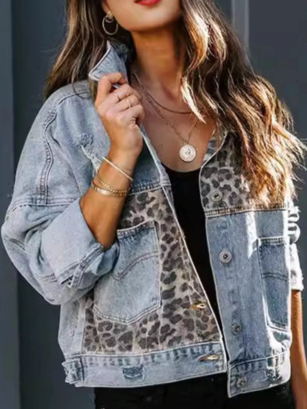 Leopard denim jacket, blue front