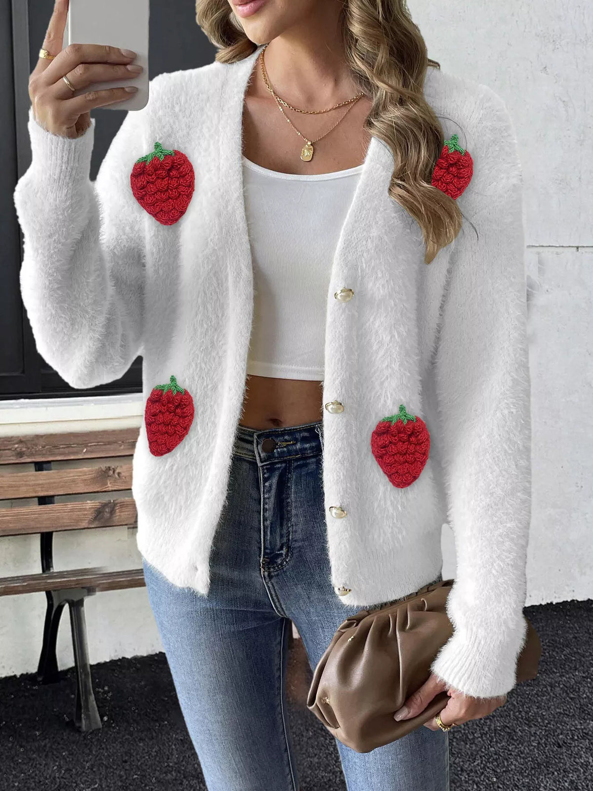 White strawberry-applique cardigan, front view