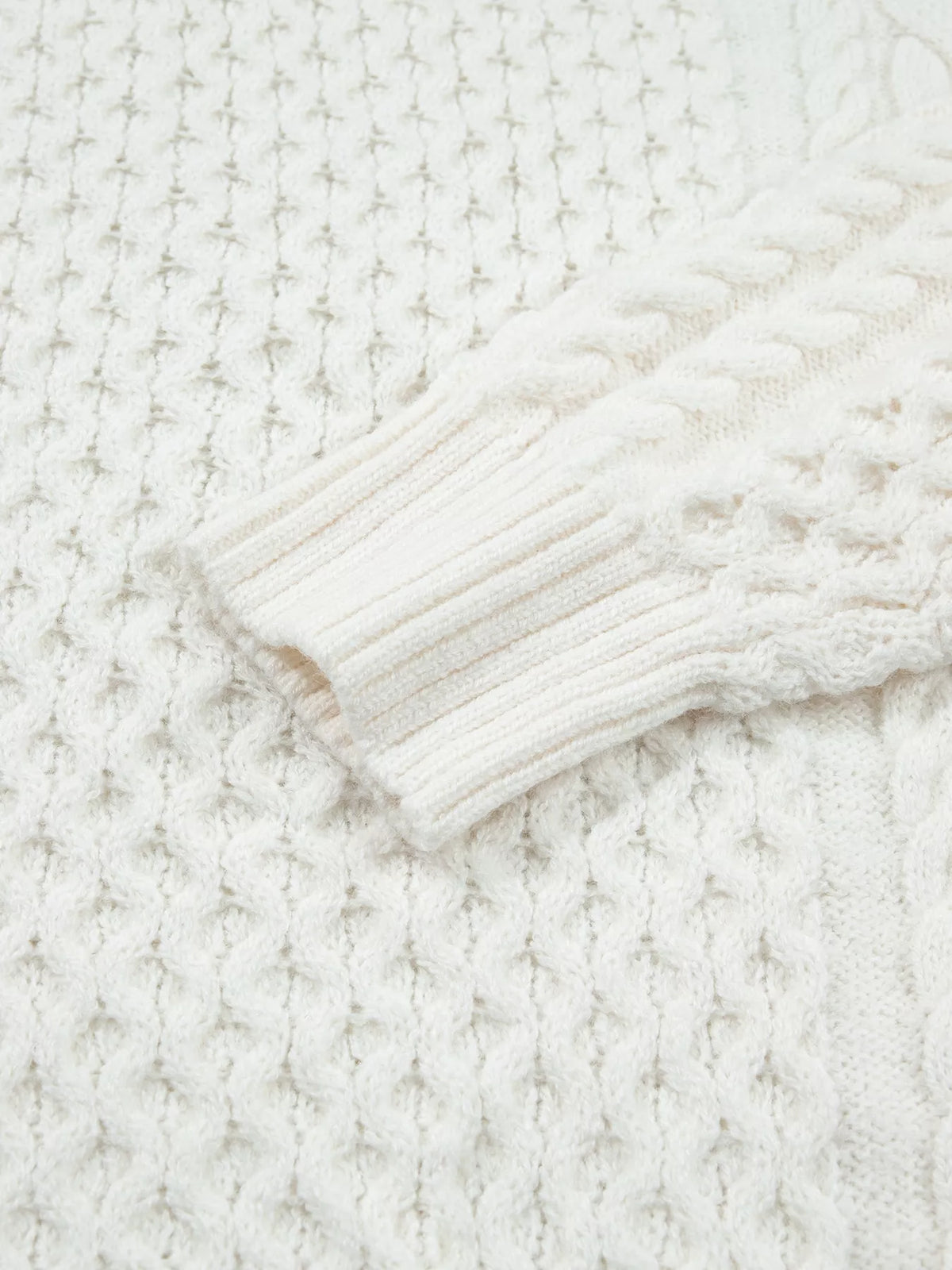 Cable Round Neck Sweater in white, construction detail