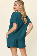 Trendsi Double Take Full Size Texture Short Sleeve T-Shirt and Drawstring Shorts Set -