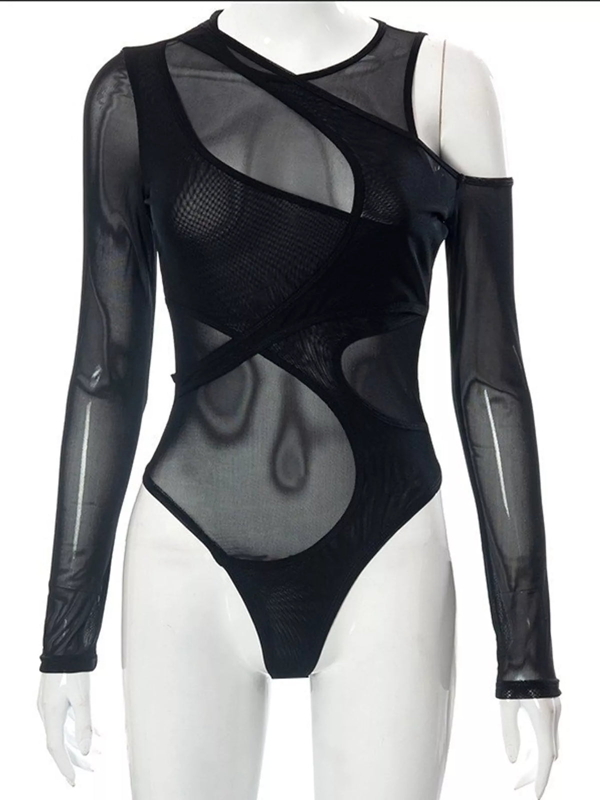 Sheer Mesh Cut-Out Long Sleeve Bodysuit — garment front