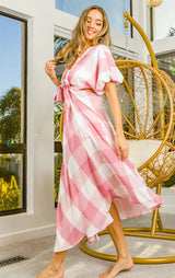 Trendsi BiBi Front Tied Puff Sleeve Checkered Dress with Cut Out Detail -