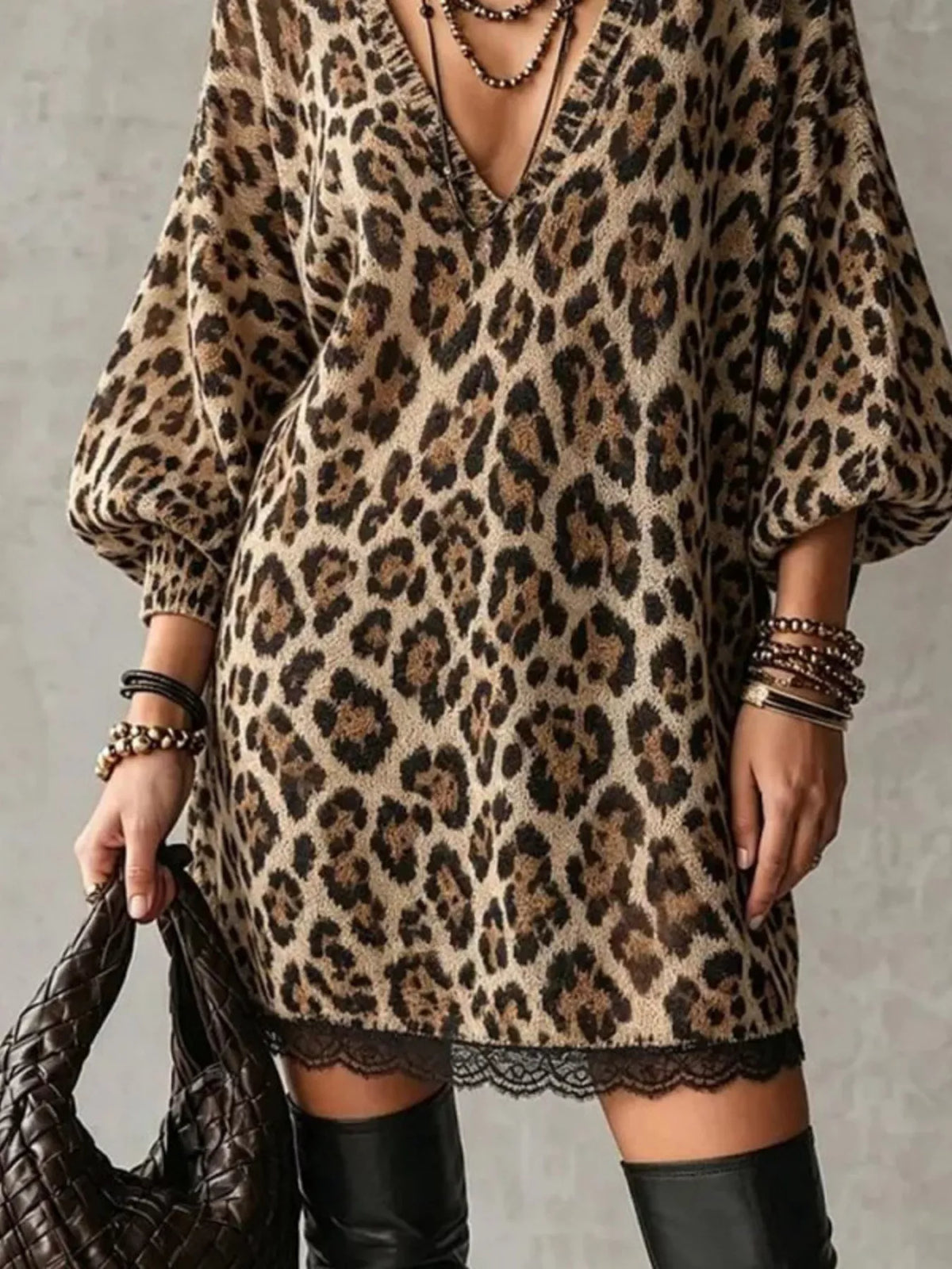 Brown leopard print leopard print v-neck dress with lace hem, leopard print, gathered sleeves, and lace hem