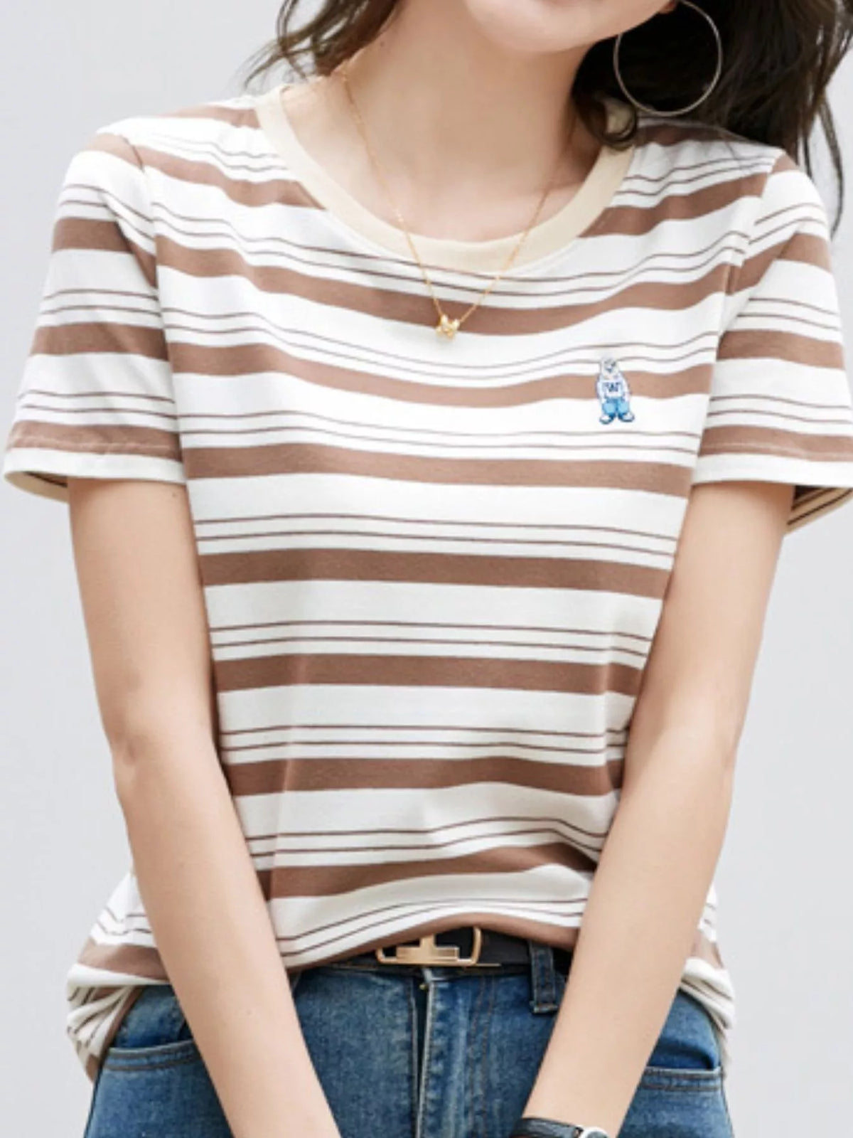 Coffee - Striped striped crew neck embroidered t-shirt