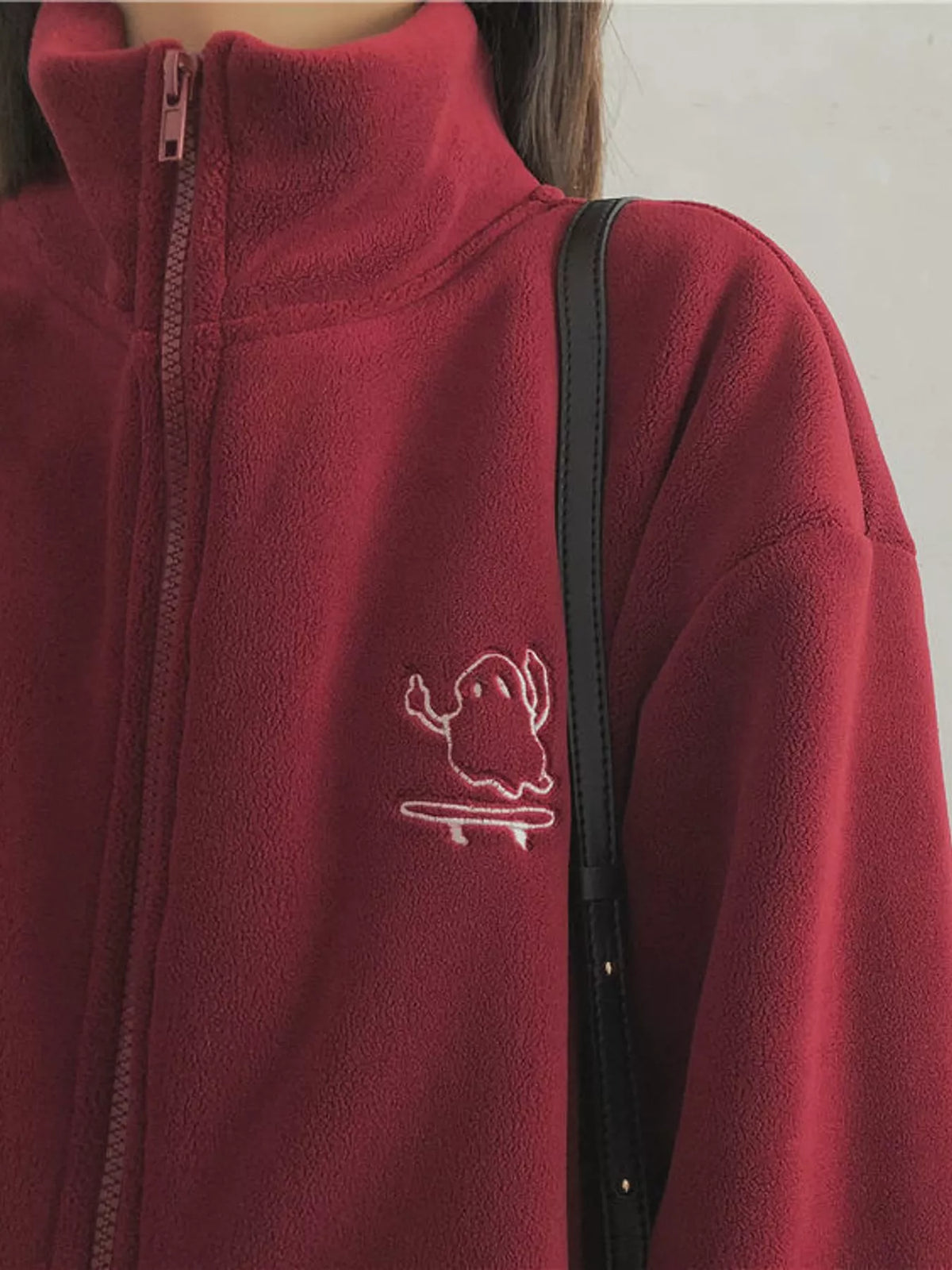 Burgundy fleece stand-collar zip-up jacket