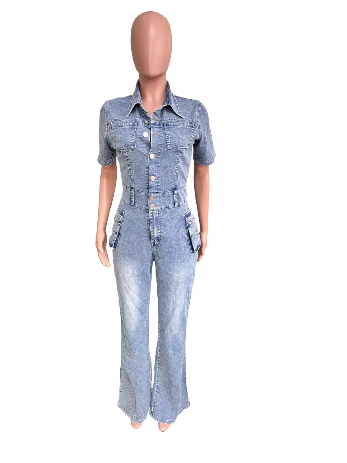 Blue flared denim cargo jumpsuit