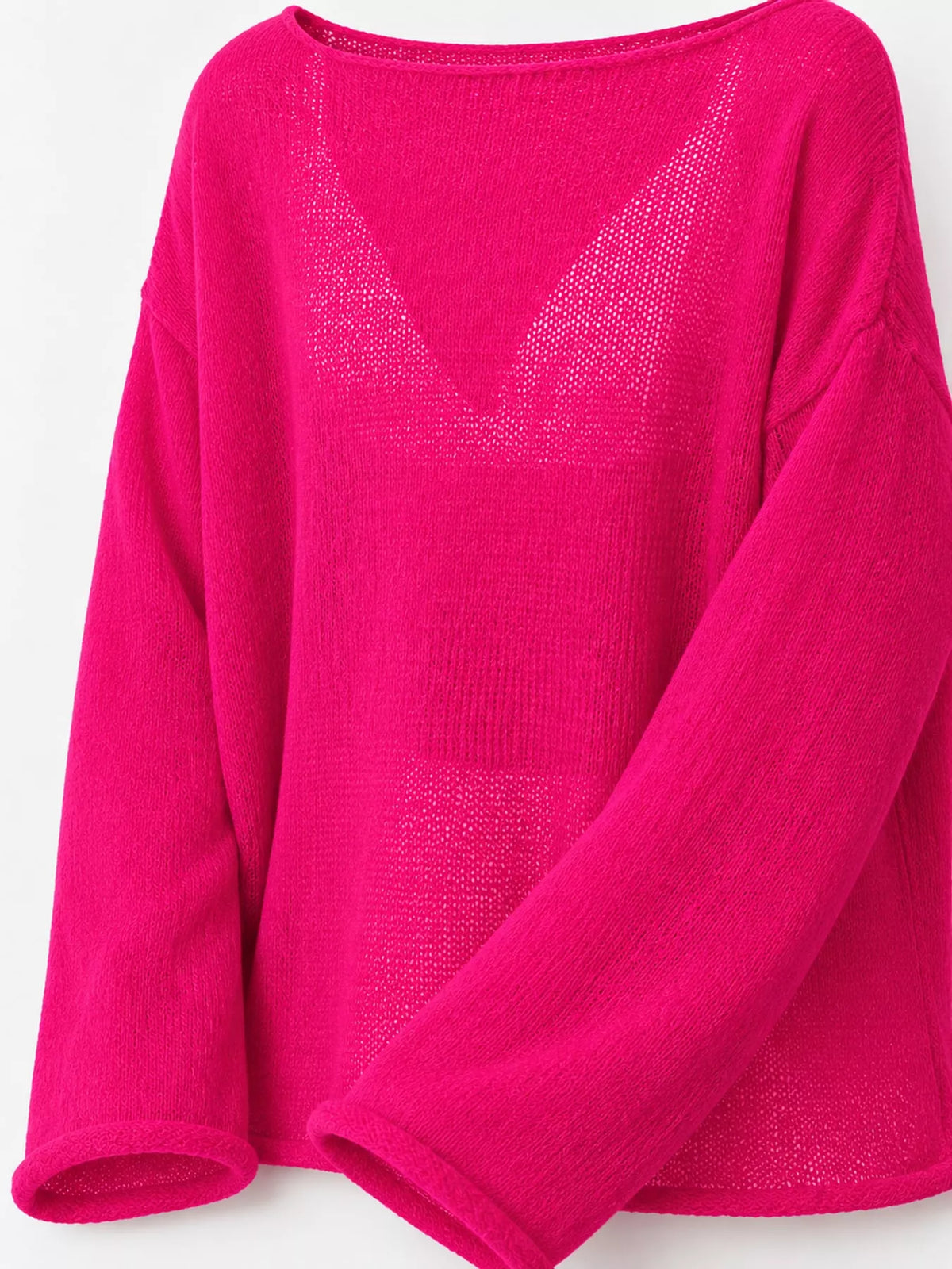 Hot pink sheer openwork knit long sleeve top