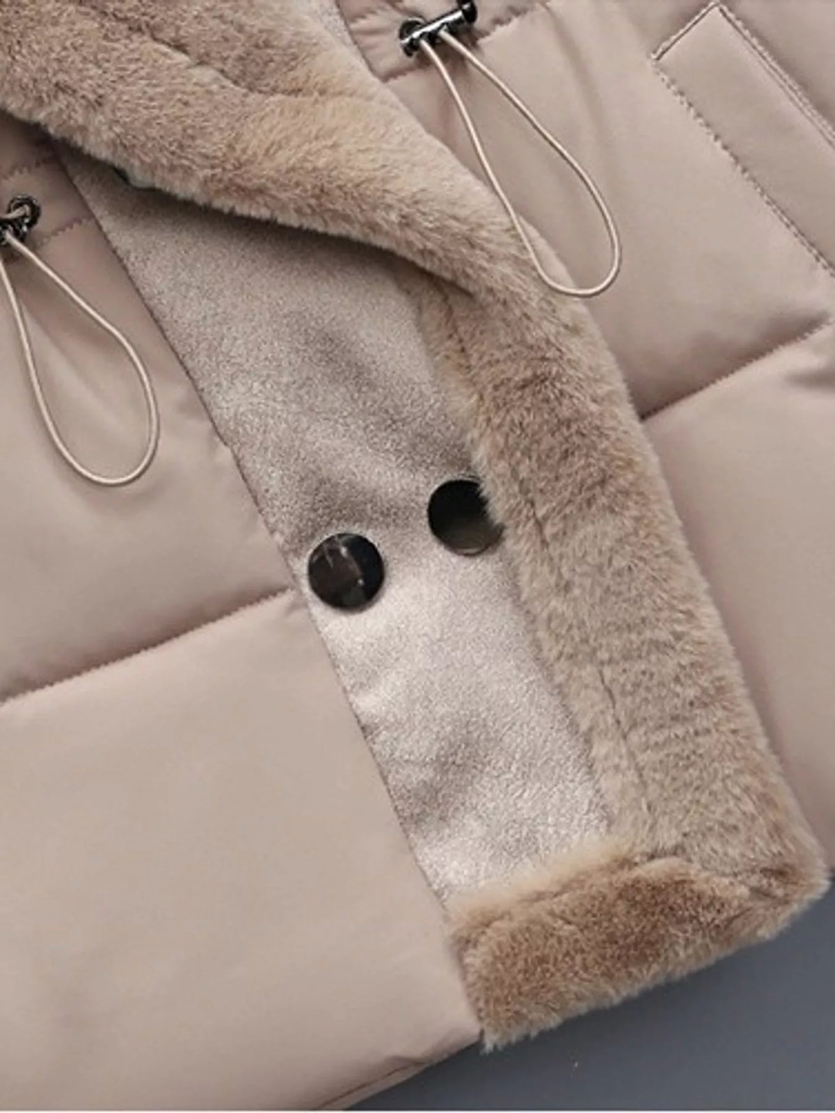 Faux-fur-trim vest, taupe trim snap and drawstring details