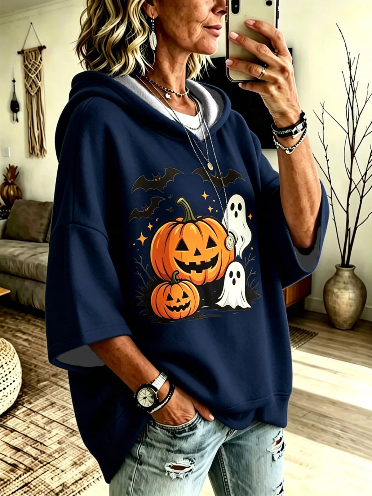 Navy Blue oversized halloween pumpkin ghost hoodie