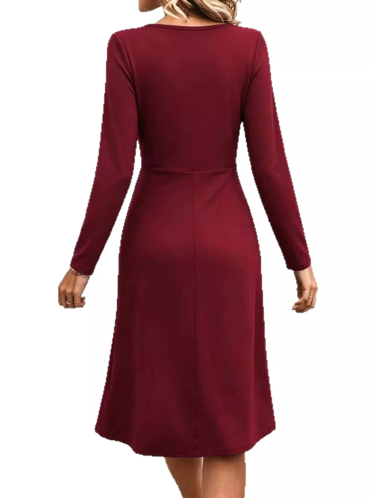 Burgundy long sleeve ruched-front midi dress, back view
