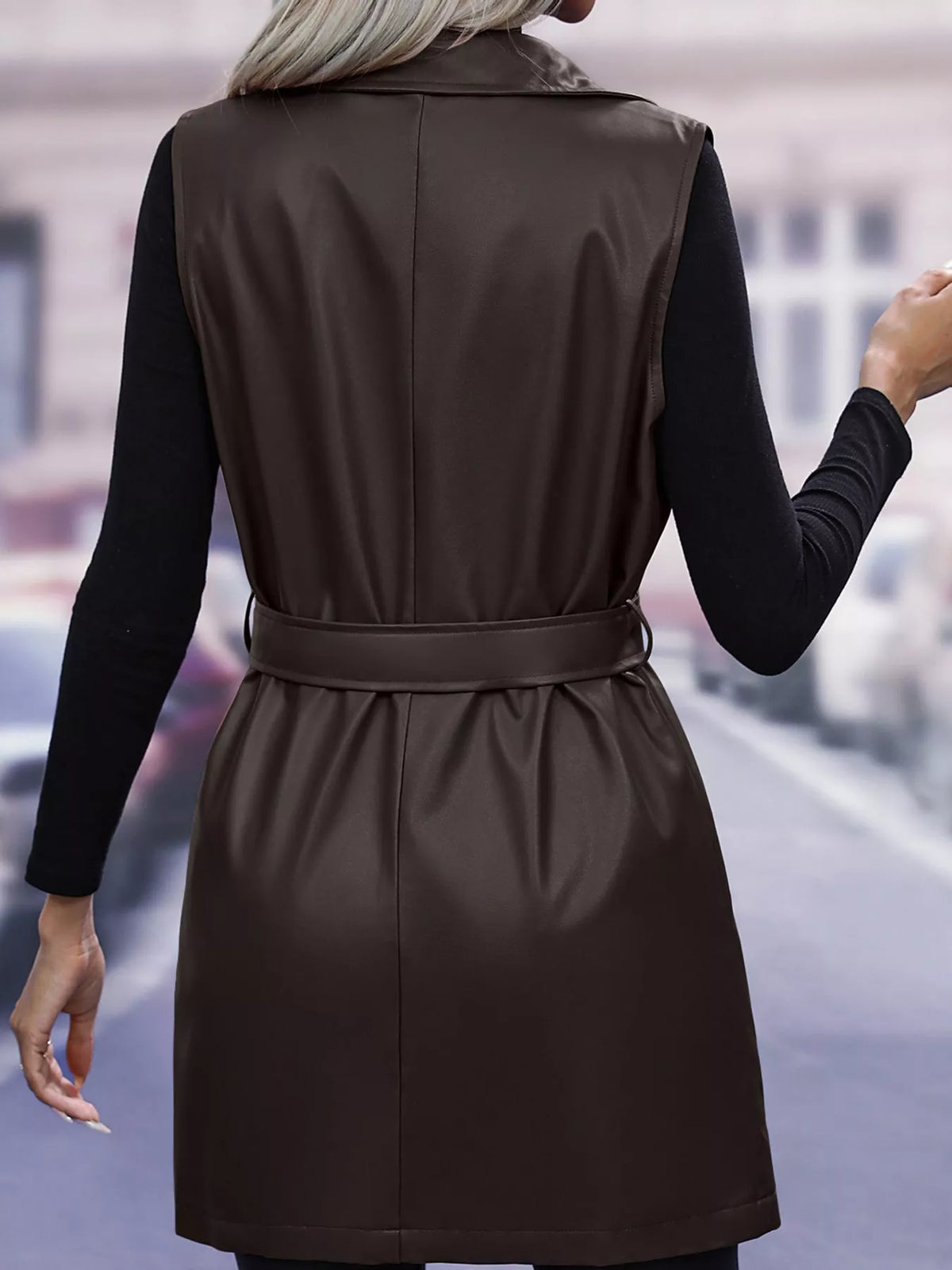 Tie Waist Longline Vest in dark brown, back view