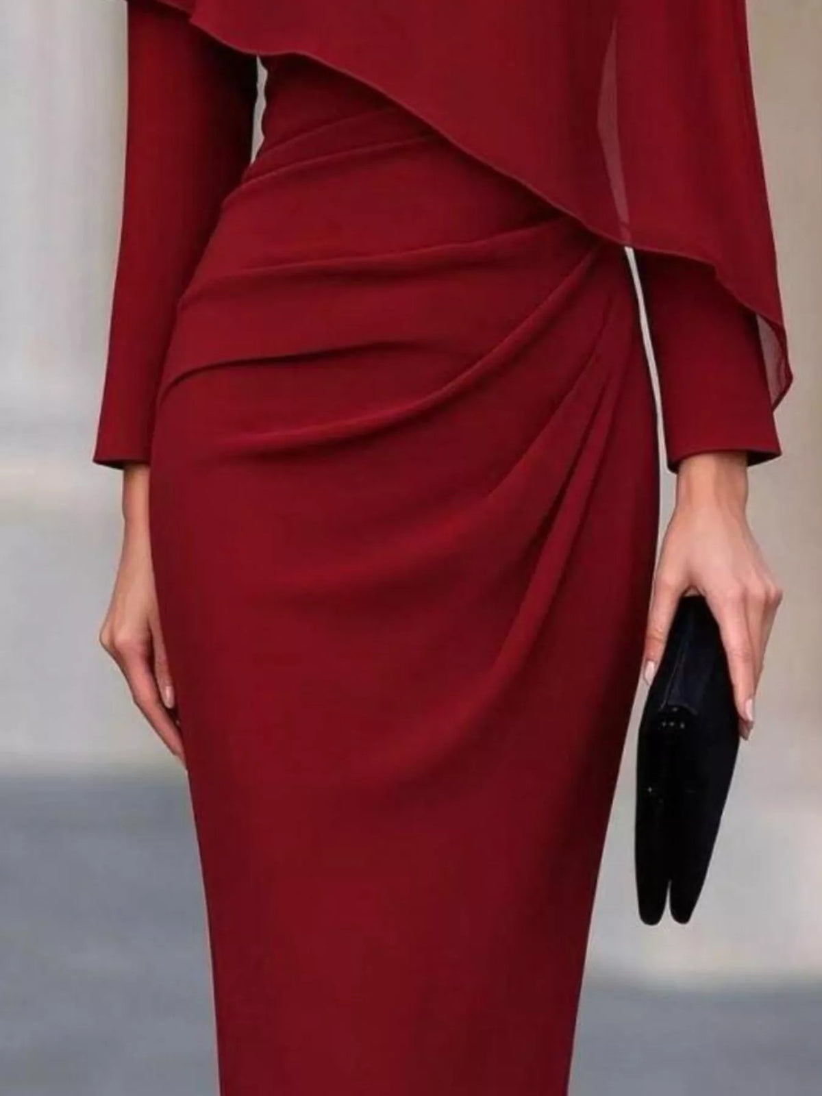 Burgundy cape-style bodycon midi dress, detail view