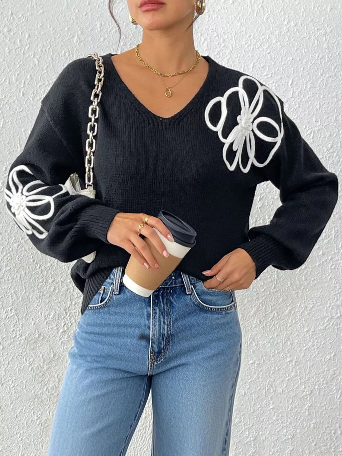 Flower V-neck dropped-shoulder sweater