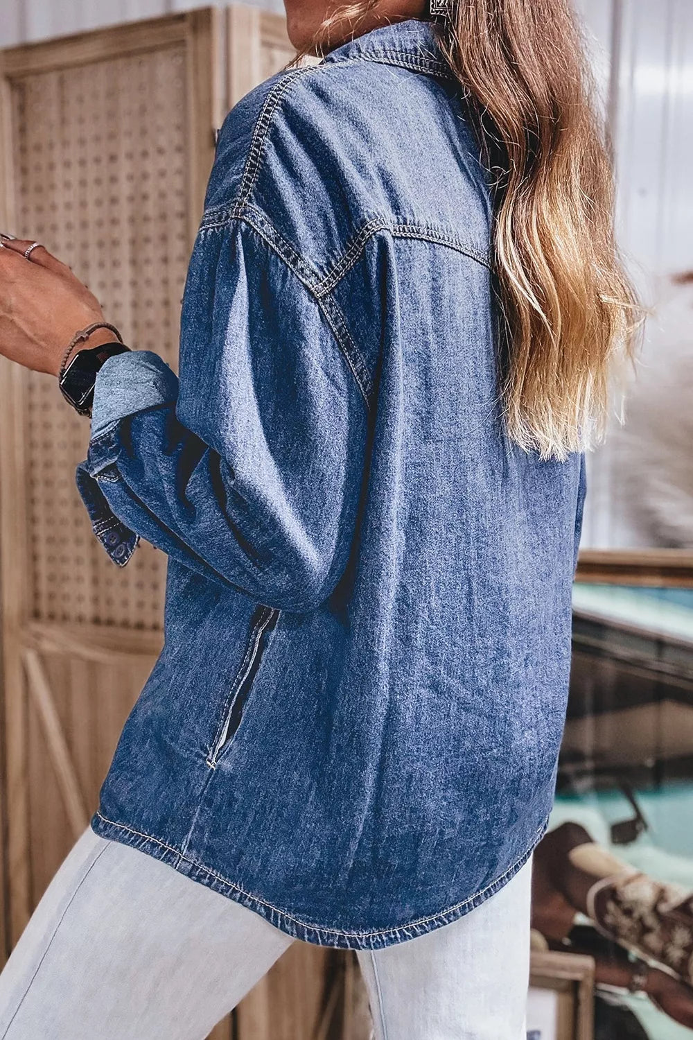 Blue western pocket denim tunic shirt, back and shoulder view