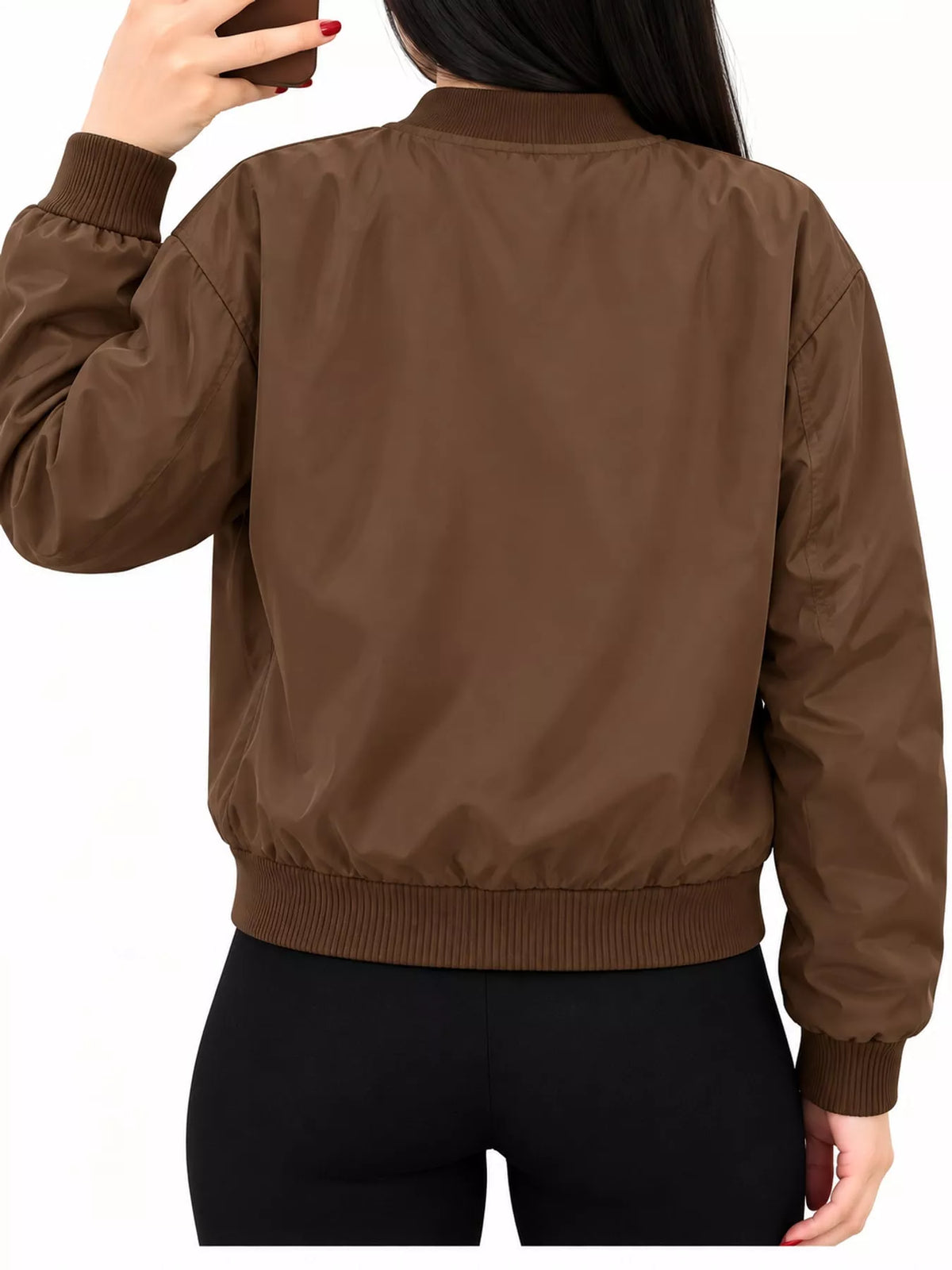 Green zip-up bomber jacket, back view