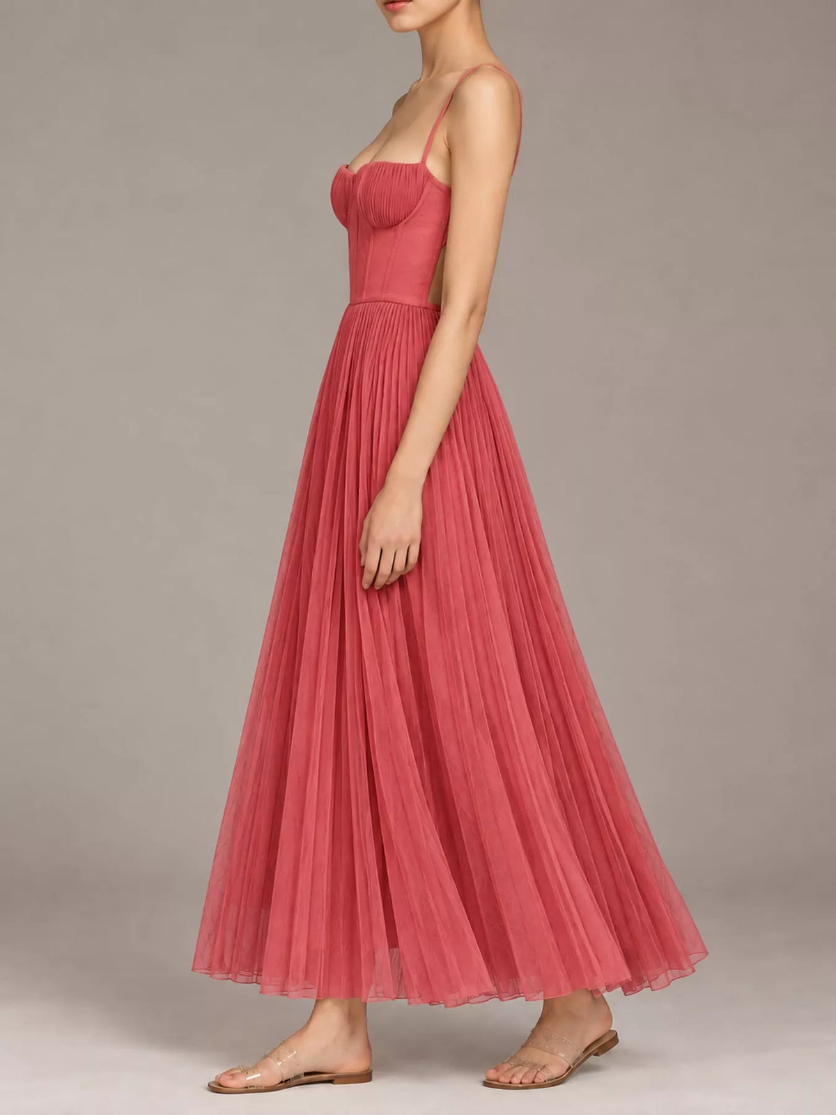 Red pleated sweetheart neck midi dress — side view