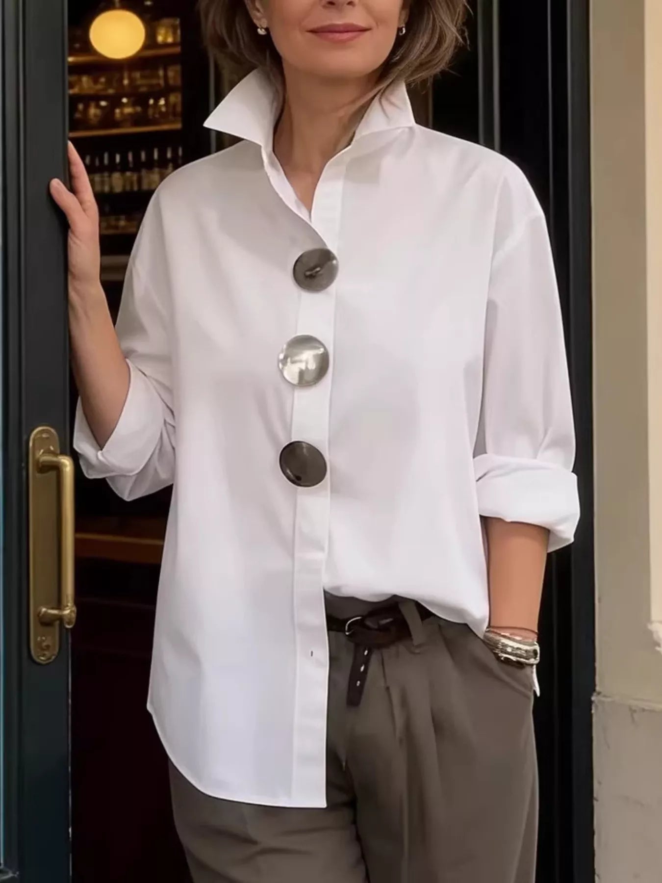 Trendsi Full Size Oversized Metal Button Long Sleeve Shirt Plus Size -