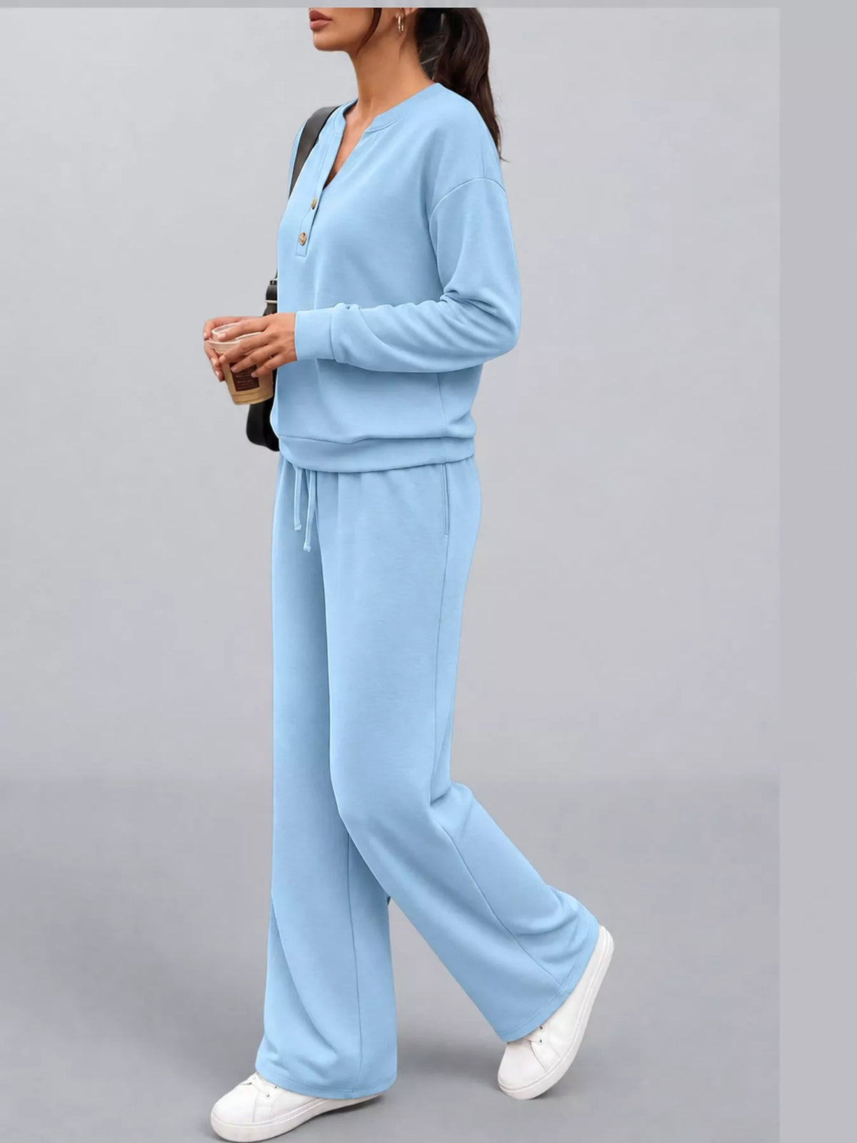 Blue button detail top and wide-leg pants set — side view
