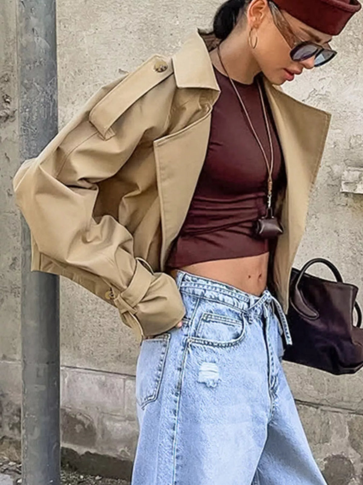 Trendsi Wide Lapel Cropped Trench Coat -