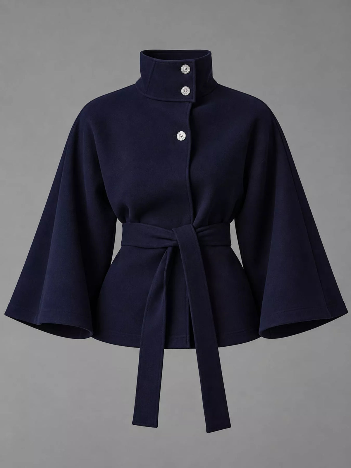 Navy belted button-front cape — front view