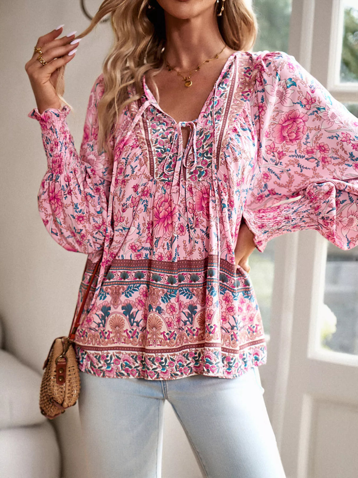 Trendsi Floral Print Tie-Neck Blouse with Smocked Cuffs -
