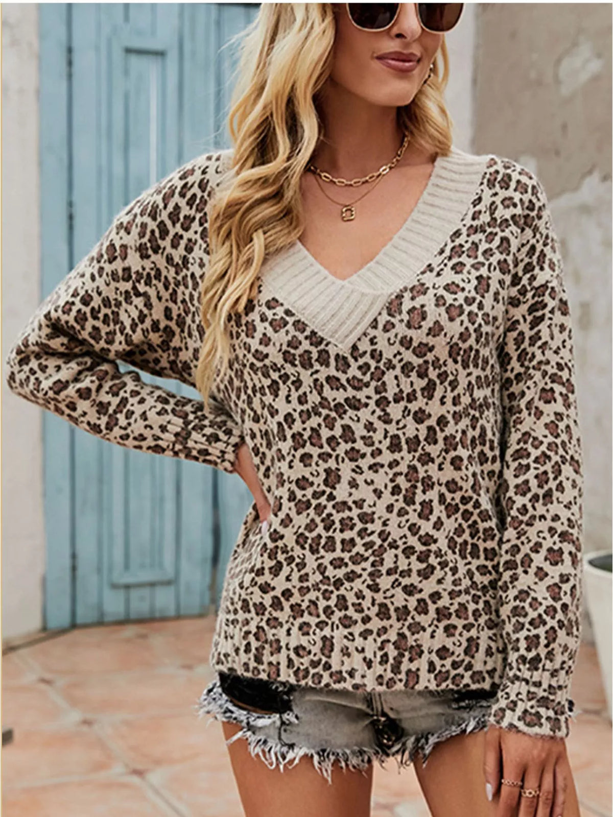 Beige and brown leopard v-neck pullover sweater, front view.