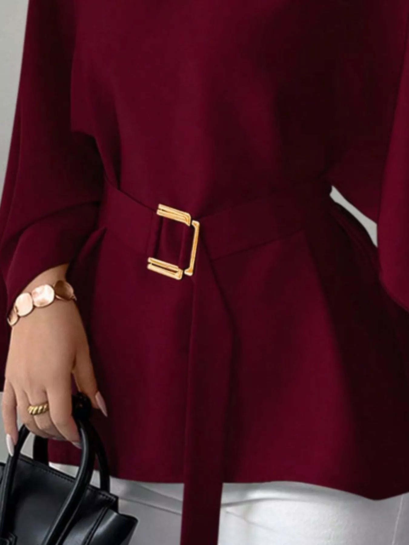 Round-neck belt batwing-sleeve blouse