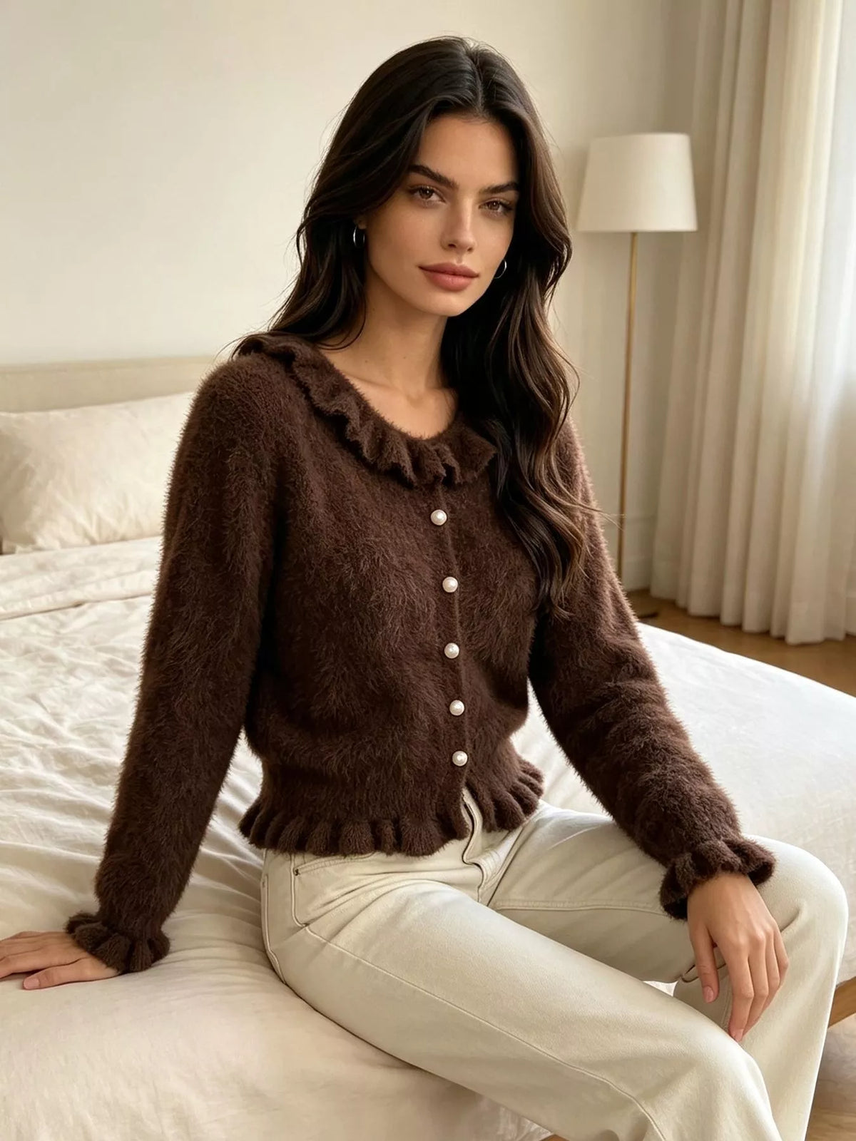 Brown fuzzy ruffle-trim button-front cardigan, seated front view.