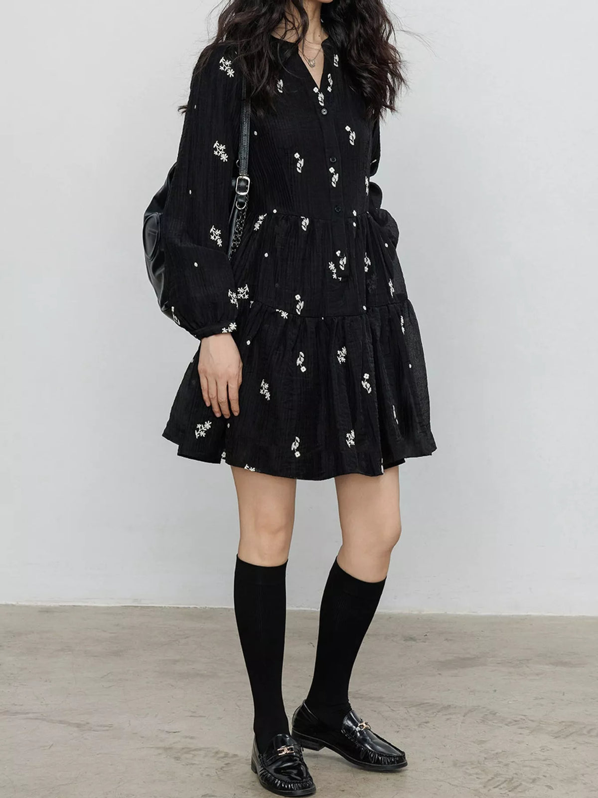 Women's Floral Long Sleeve Mini Dress in black floral — front view