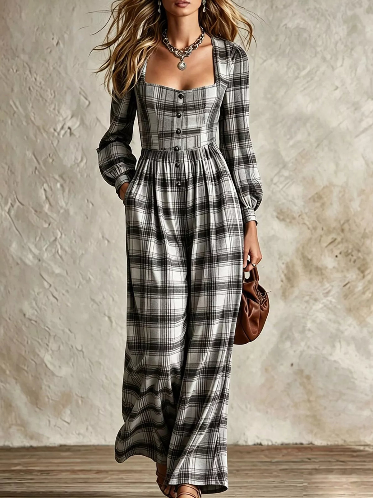 Plaid jumpsuit, black white front