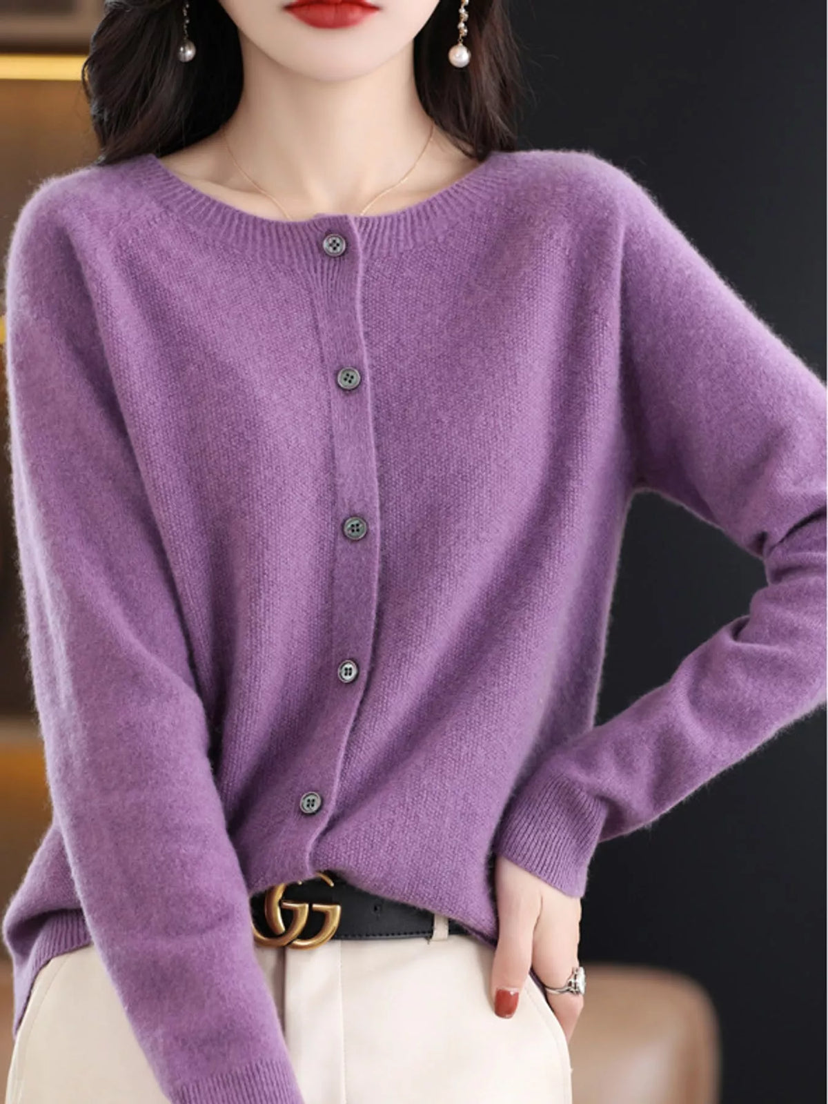 Round neck long sleeve cardigan, front view on model