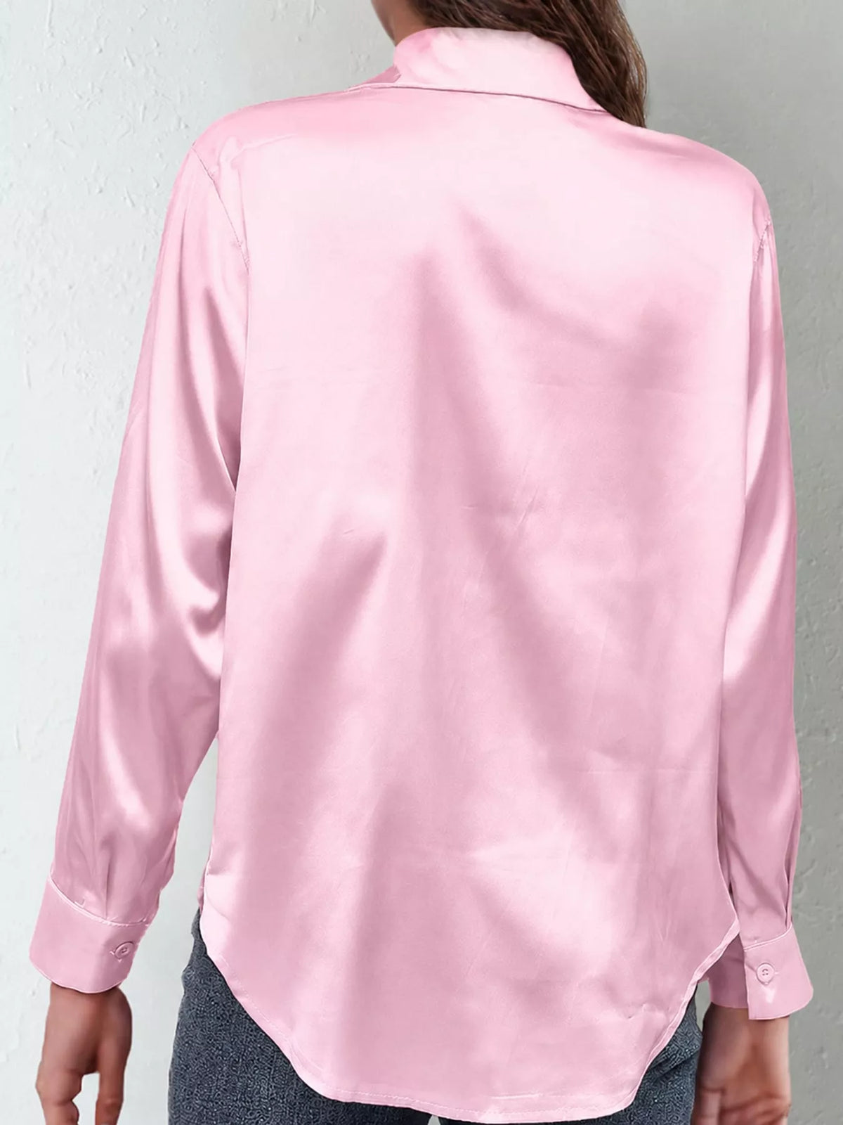 Dusty Pink satin button-down long sleeve shirt, back view