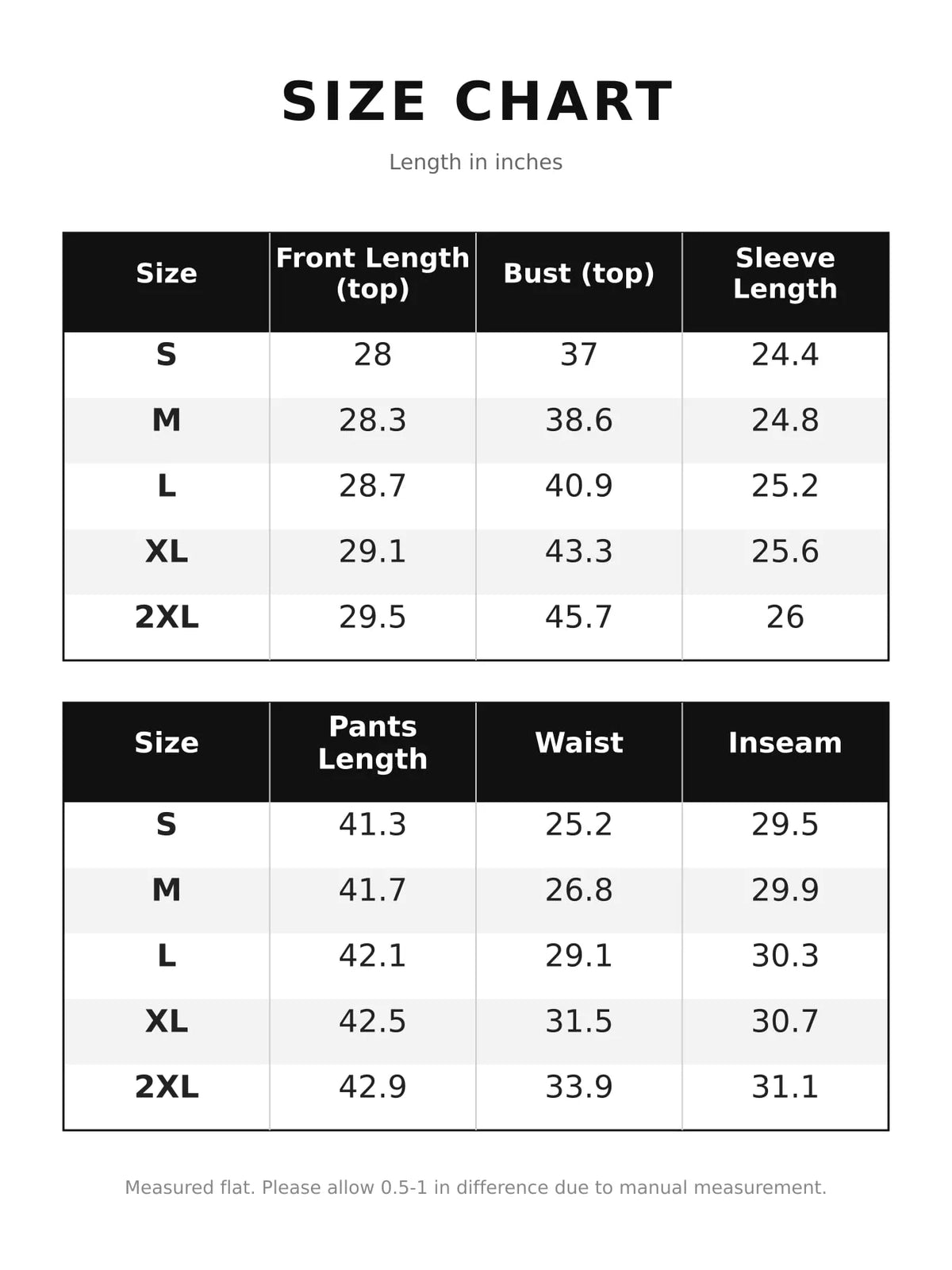 Size and measurement chart for blazer and pants set