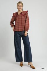 Trendsi Umgee Full Size Plaid Ruffle Collar Blouse Plus Size -