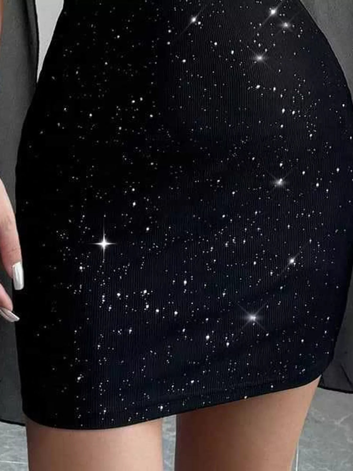 Black glitter mock neck cape-sleeve mini dress — design and construction details
