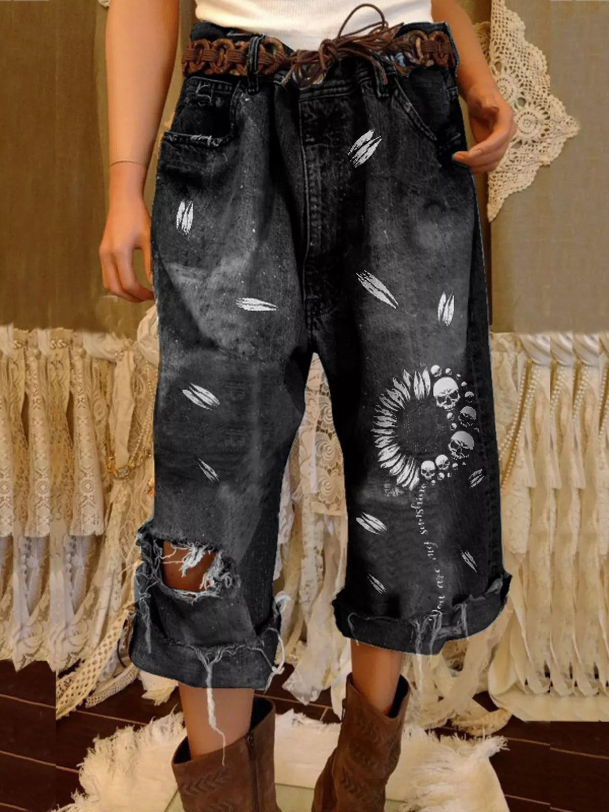Trendsi Full Size Distressed Skull Print Jeans Plus Size -