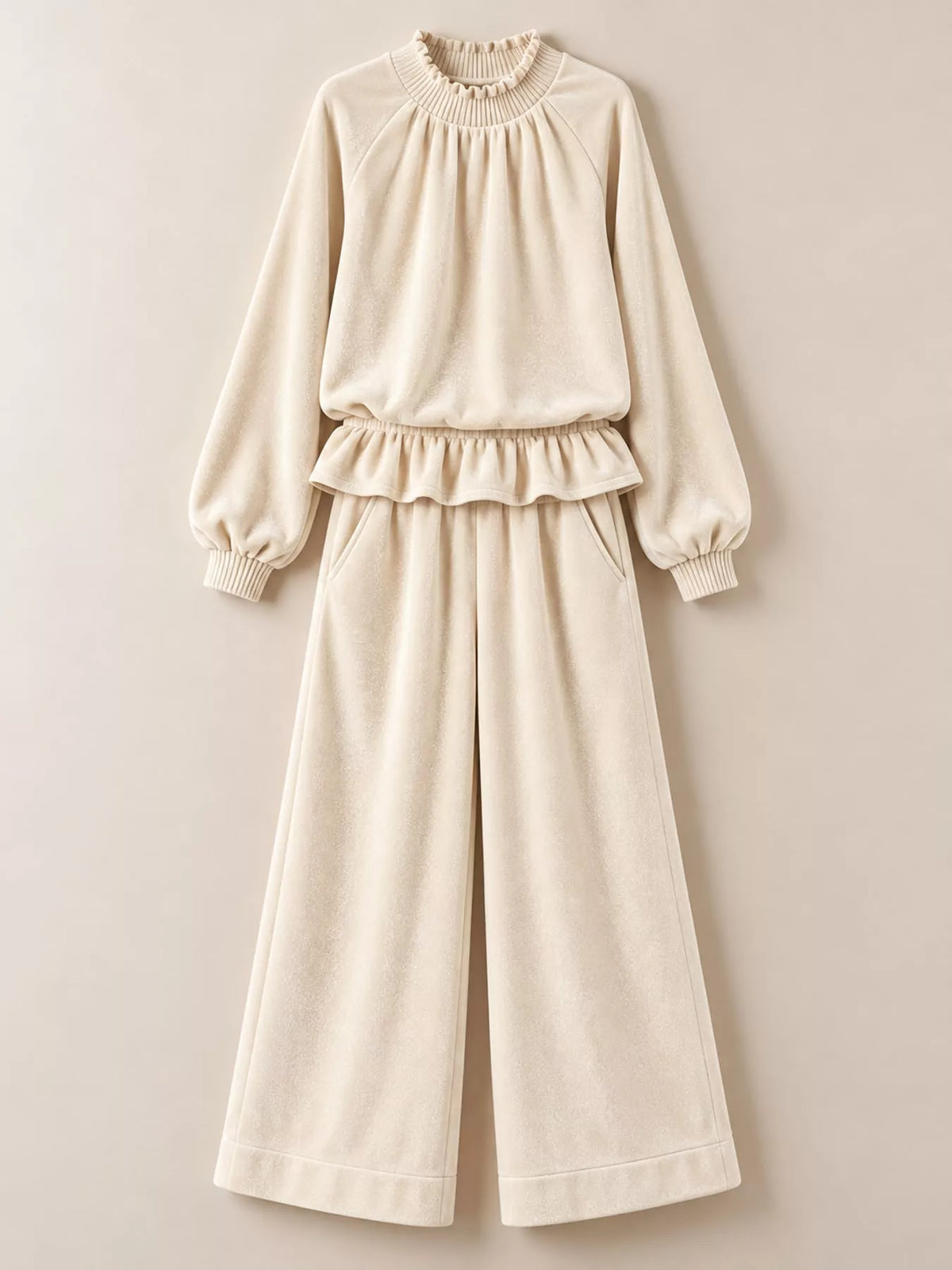 Cream velvet ruffled hem top and wide-leg pants set — front view