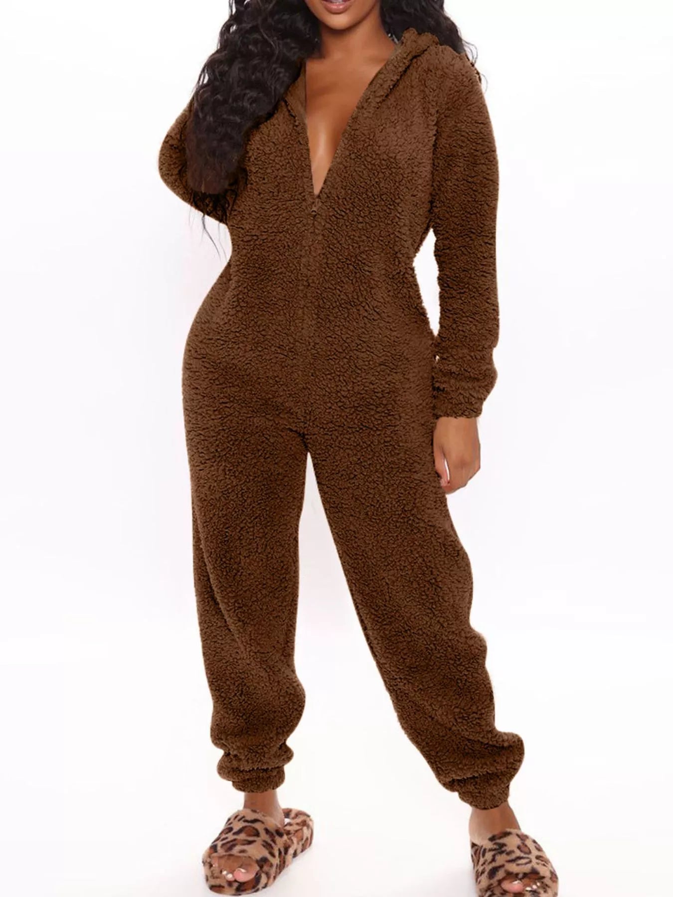 Trendsi Full Size Fleece Zip-Up Hooded Jumpsuit Plus Size -