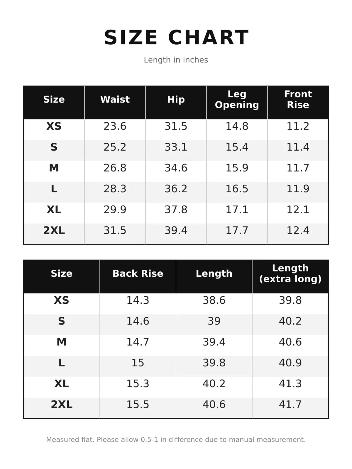Size chart for high-waisted wide-leg jeans