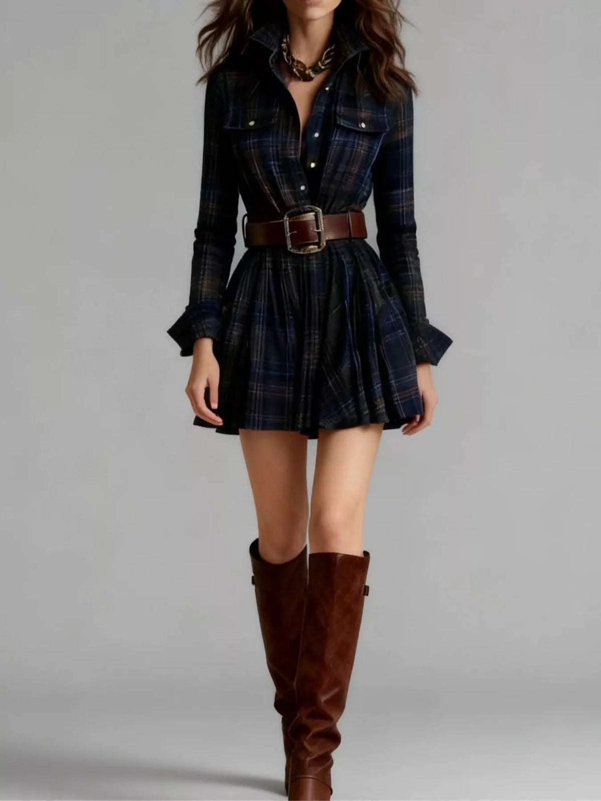 Navy plaid shirt dress