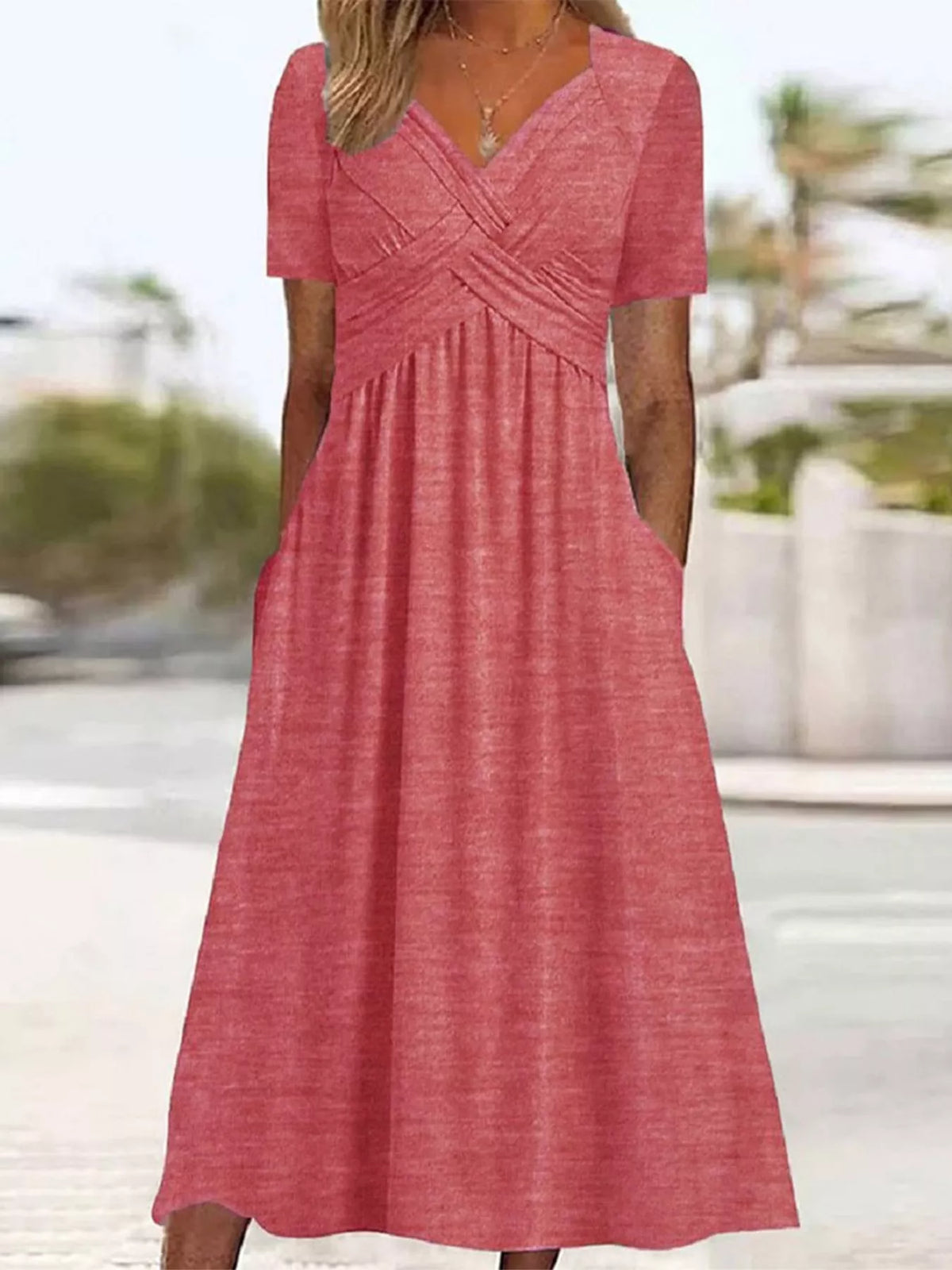 Pink crisscross short sleeve midi dress, front view