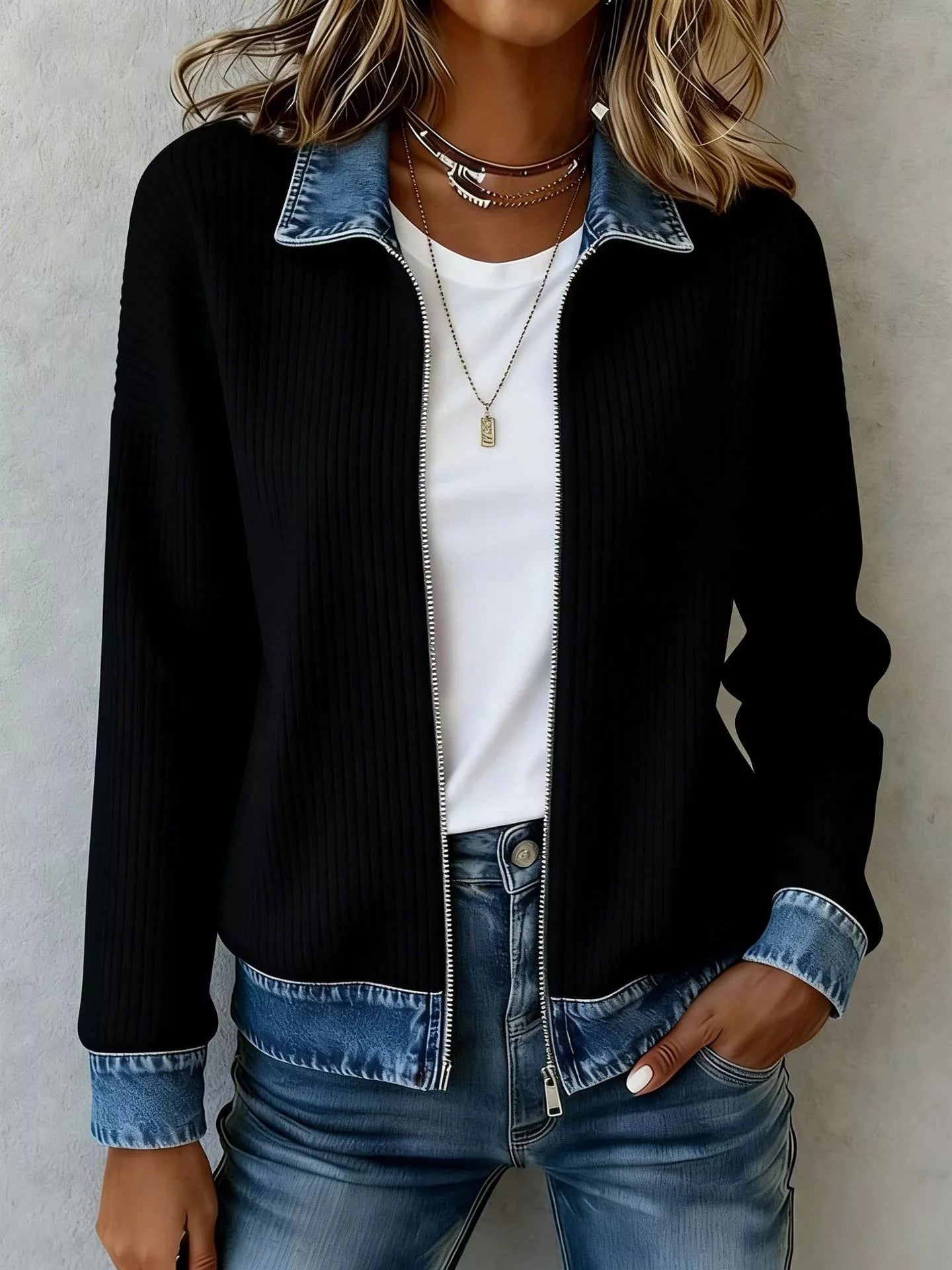 Trendsi Contrast Denim Collar Ribbed Knit Jacket - Outerwear