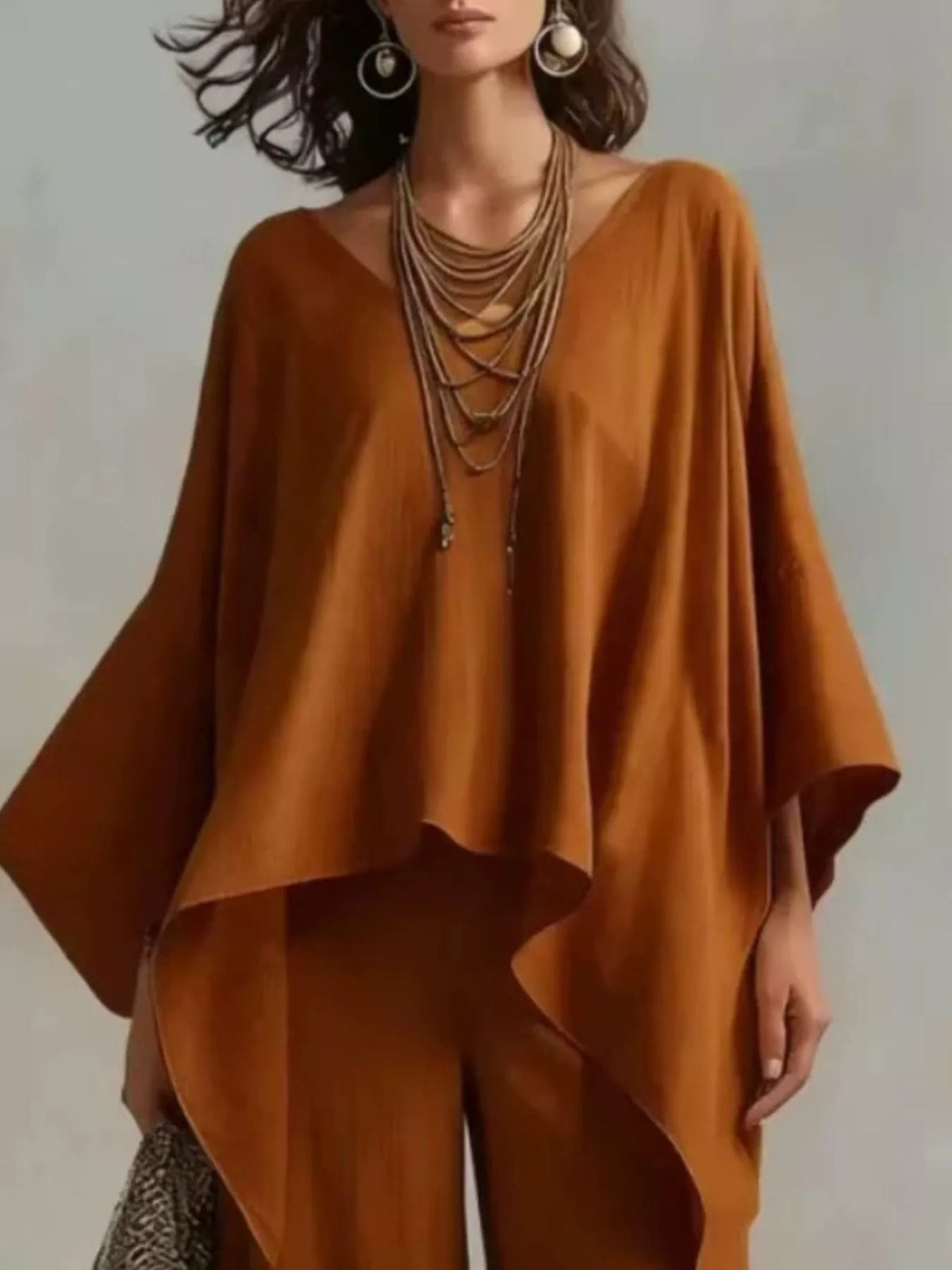 Loose-Fit V-Neck Top and Pants Set