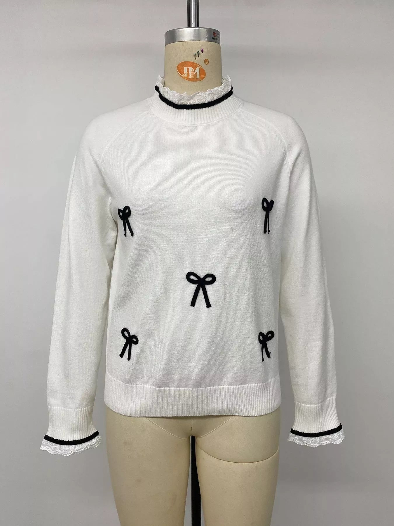 Trendsi Bow-Embellished Lace Trim Sweater -