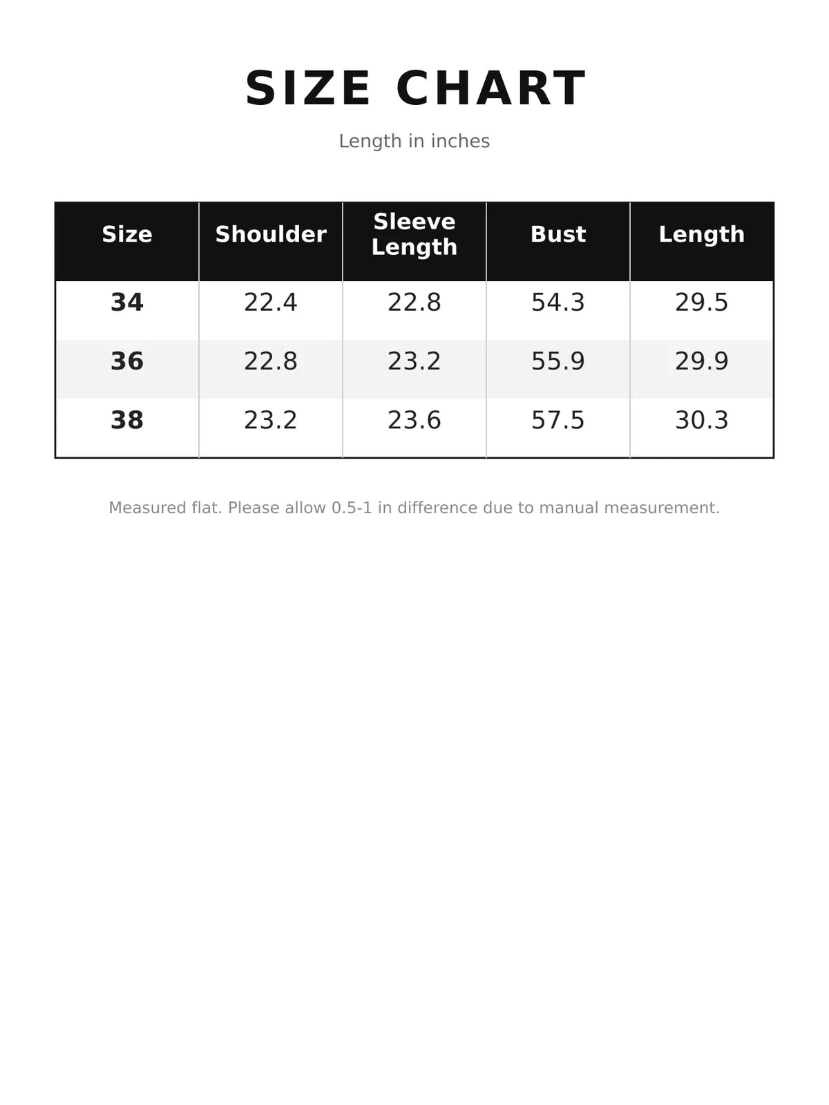 Size chart for double-breasted utility jacket with drawstring hem
